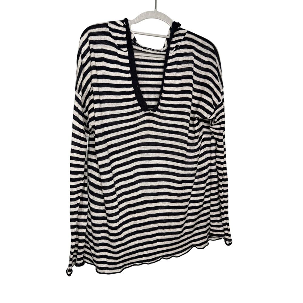 Acrobat navy blue‎ and white striped hooded linen top